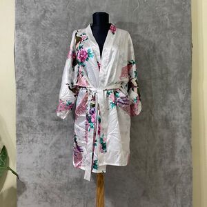 Satin Belted Kimono Robe Bird Floral Asian Inspired women’s One Size